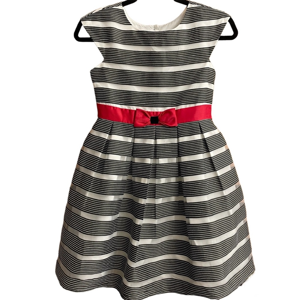 Jona Michelle Girls Black and White Stripe Dress Front Bow with Back tie Size 10